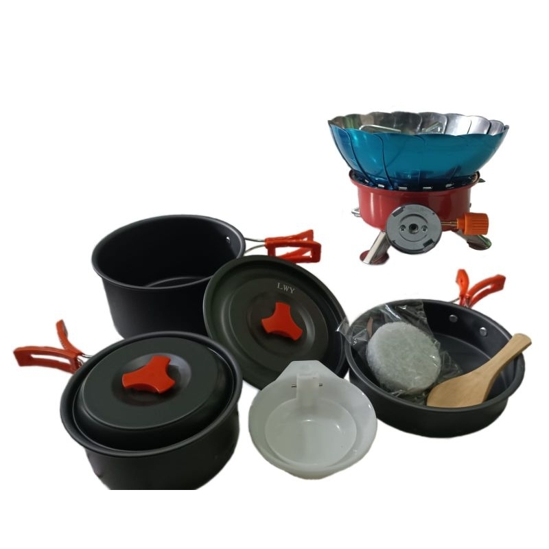 Paket alat masak camping outdoor portabel cooking set ds 300 dan kompor windproff