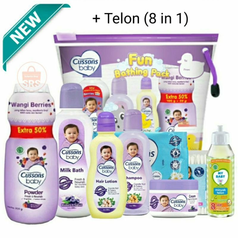 8 in 1 | 7 in 1 Cussons Baby Fun Bathing Pack + Telon Cussons Large Bag , Gift Set Bayi, Kado Bayi, Set Bedak Bayi