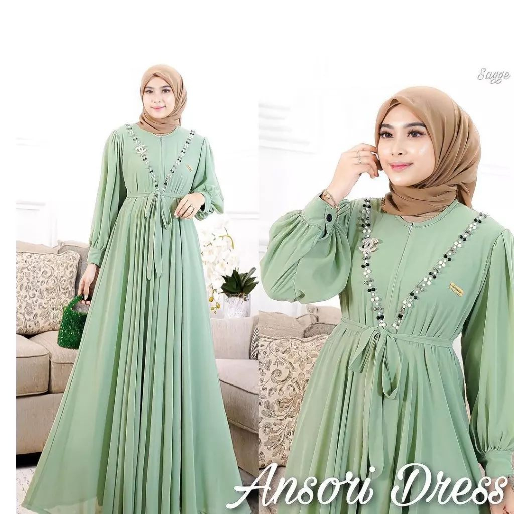 GAMIS WANITA TERBARU ANSORI MAXY DRESS JPN BAHAN KAIN CERUTY BABYDOLL FULL PURING APLIKASI MUTIARA G