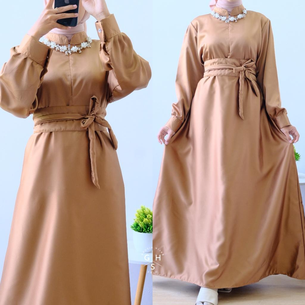 EVELYN GAMIS MAXI SET OBI BELT ATASAN WANITA DRESS BUSUI SATIN SILK PREMIUM (DBY)