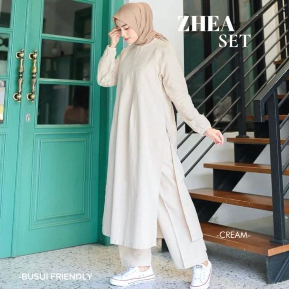 Zhea One Set Setelan Celana + Long Tunik Belah Samping Jumbo Busui Bahan Linen Premium Fit To XL Ld 110cm