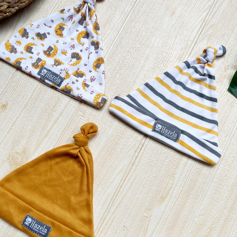 Serian MUSTARD HAZELA - 3 PCS TOPI KUPLUK Bayi Baru Lahir Topi Bayi 0 - 6 Bulan MUSTARD SERIES HAZELA