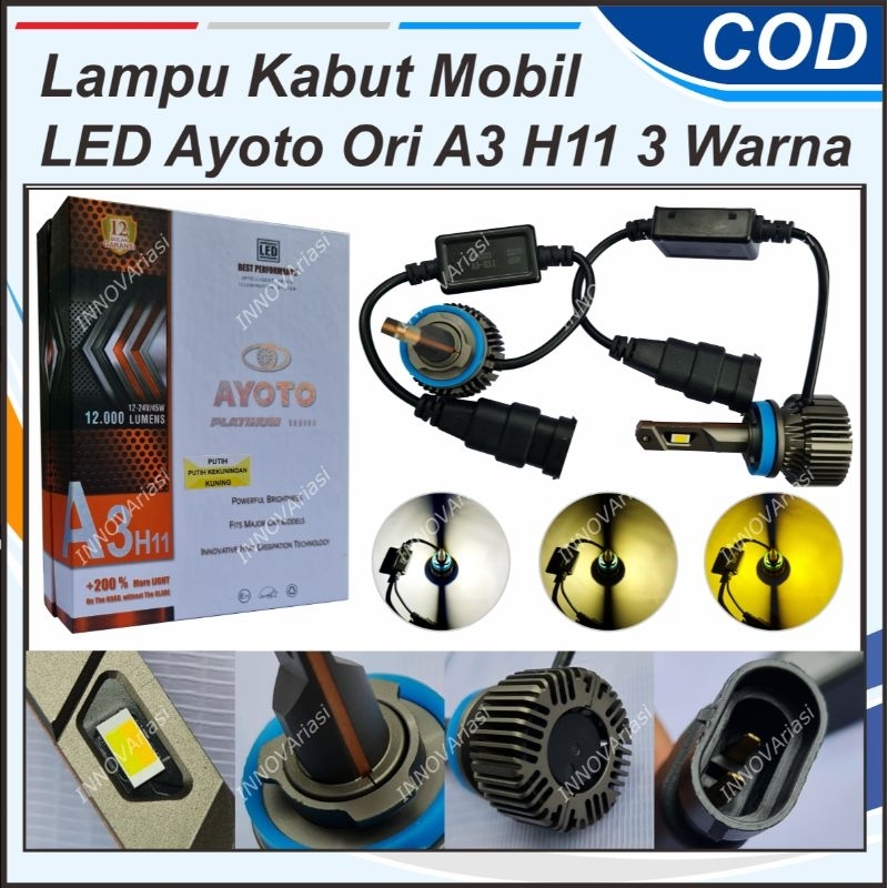 LAMPU KABUT FOGLAMP AYOTO A3 H11 3 WARNA PUTIH KUNING SINAR SUPER TERANG AWET HEMAT DAYA TEMBUS KABU