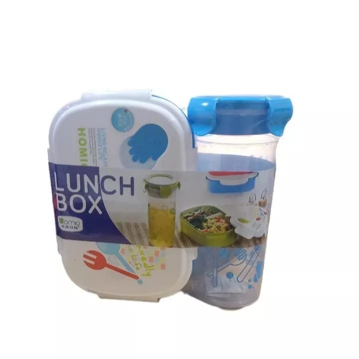 TERBARU PAKET MURAH LUNCHBOX/KOTAK MAKAN KOTAK PLUS BOTOL MINUM FREE SENDOK GARPU 9565