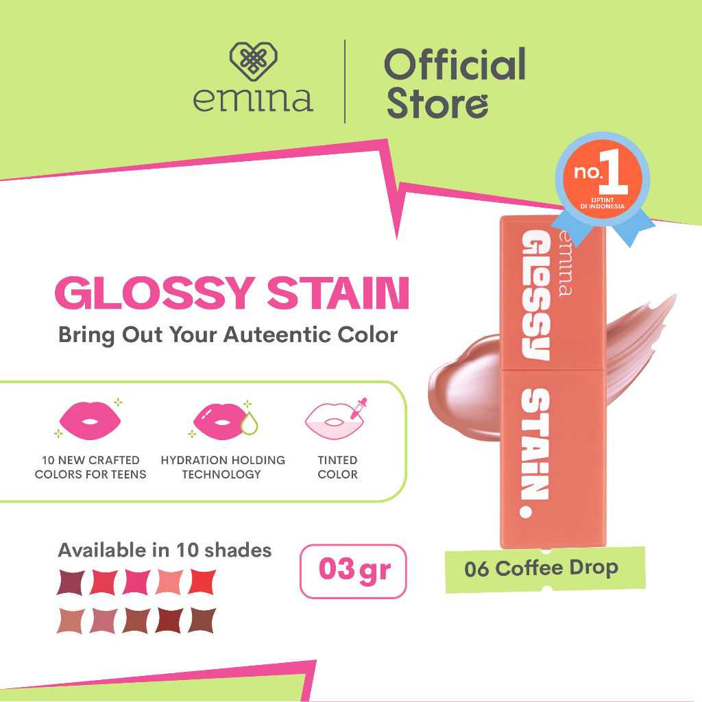 Emina Glossy Stain 3 g - Melty Gel Lip Tint Glossy Finish, Tahan Lama dan Melembabkan