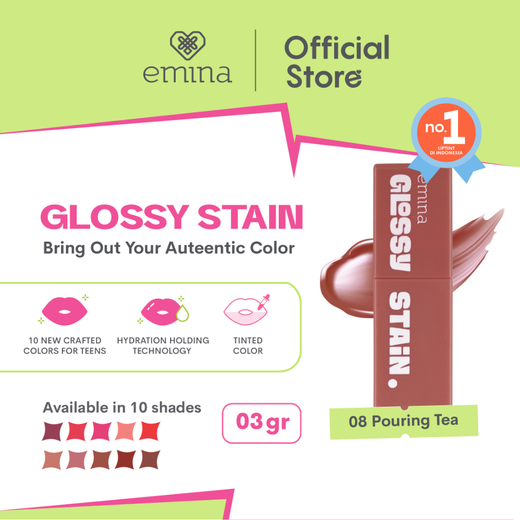 Emina Glossy Stain 3 g - Melty Gel Lip Tint Glossy Finish, Tahan Lama dan Melembabkan