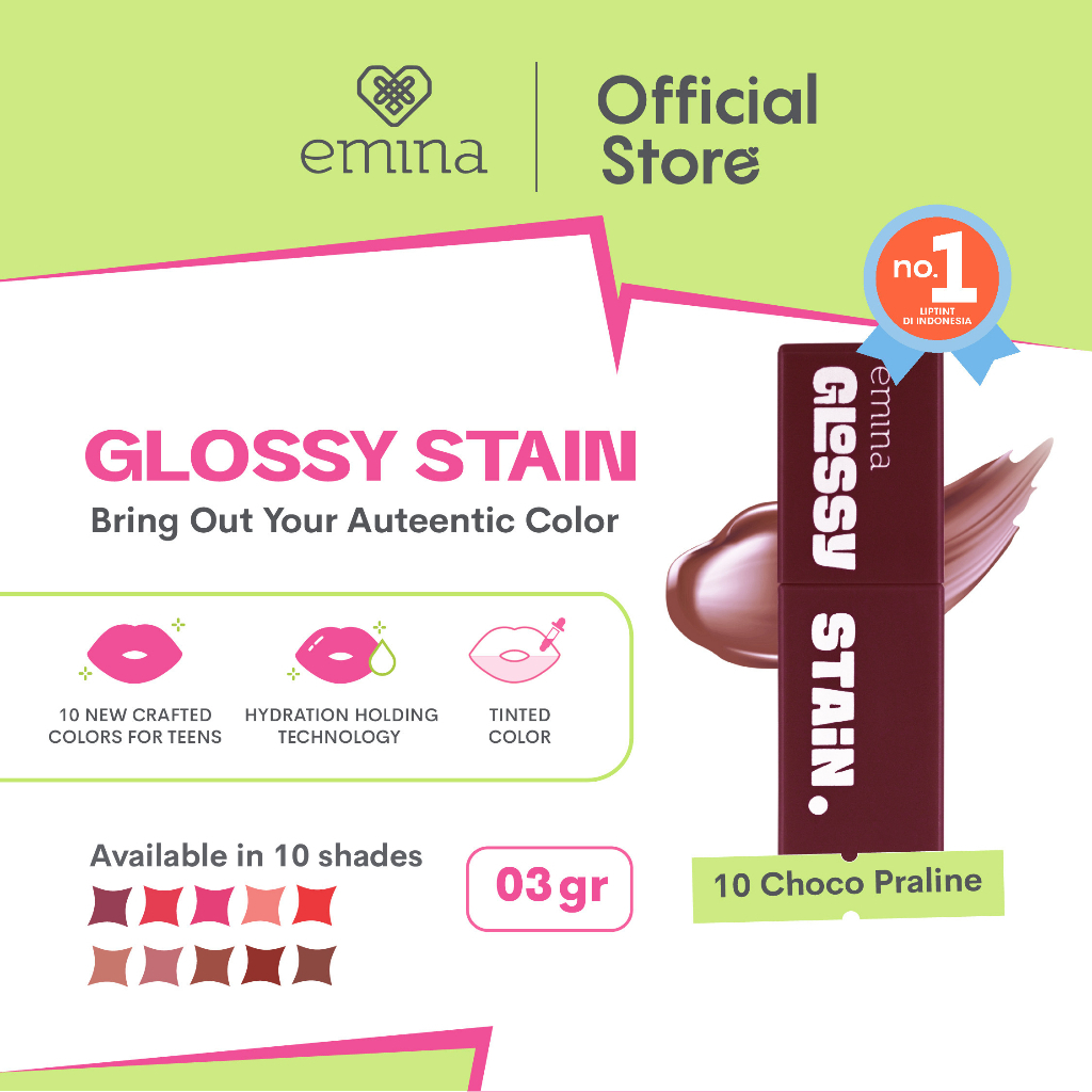 Emina Glossy Stain 3 g - Melty Gel Lip Tint Glossy Finish, Tahan Lama dan Melembabkan