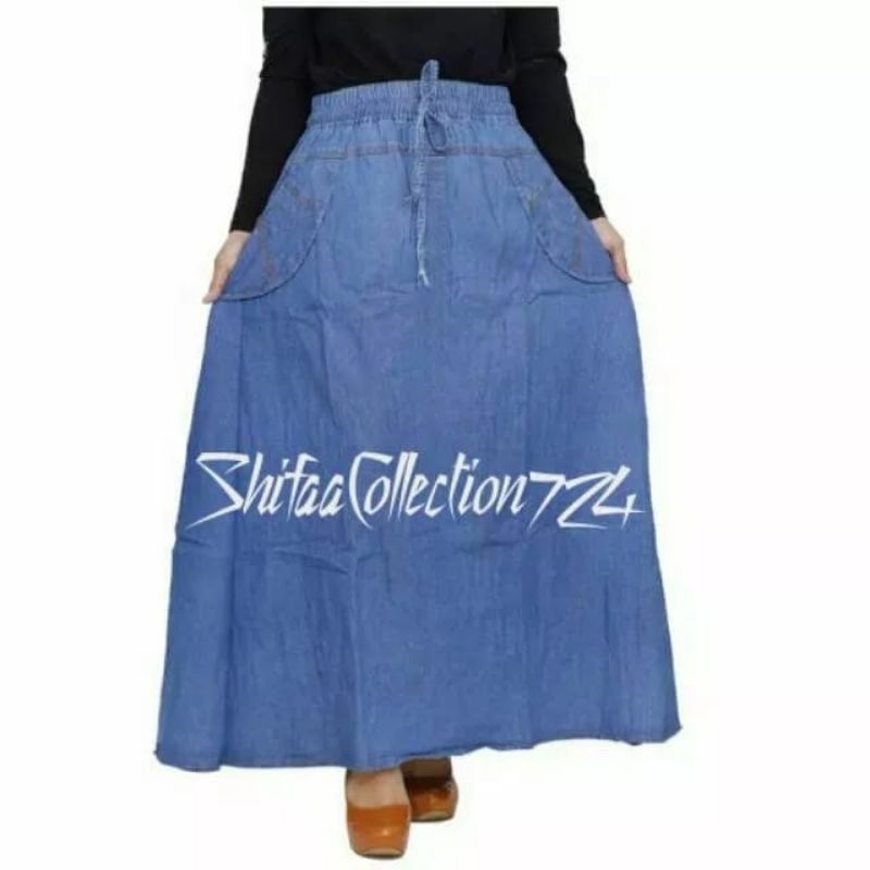 Rok Jeans / Rok Panjang / Rok Dewasa / Rok Wanita Model Peca 8 - Bahan Jeans - Ukuran All Size / Dewasa (BB 40-70 kg)