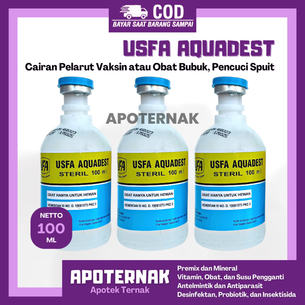 USFA AQUADEST 100 ml | Aquades Air Streril | Cairan Pelarut Vaksin atau Obat Bubuk | Cairan Pencuci Spuit