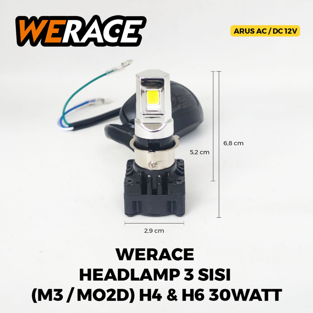 [WERACE] LED 3 SISI LAMPU DEPAN (HEADLAMP) 30WATT,  2 MODE (JAUH, DEKAT), 3 KABEL (H4/H6) TERANG BERKUALITAS