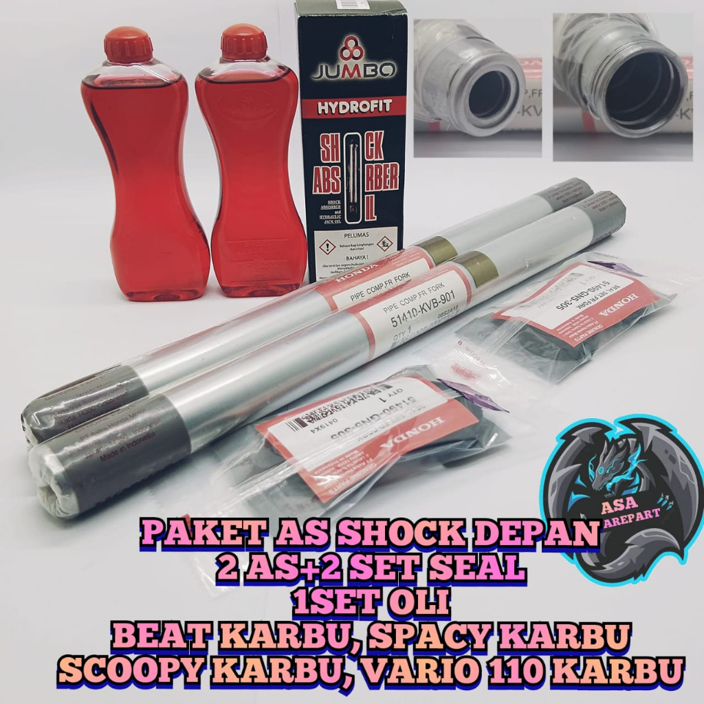 PAKET AS 2 Batang+2 set seal+1set oli SHOCK DEPAN KVY asli original motor honda BEAT karbu , SCOOPY 