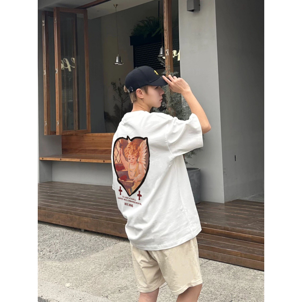 RDGF Kaos Oversized Pria / Angel Guardian kaos putih pria T-shirt streetwear gaya Korea/A0196