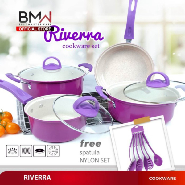 Jual BMW Kitchen Ware - Teflon Riverra Panci Set Cookware Set Free Spatula - UNGU Limited