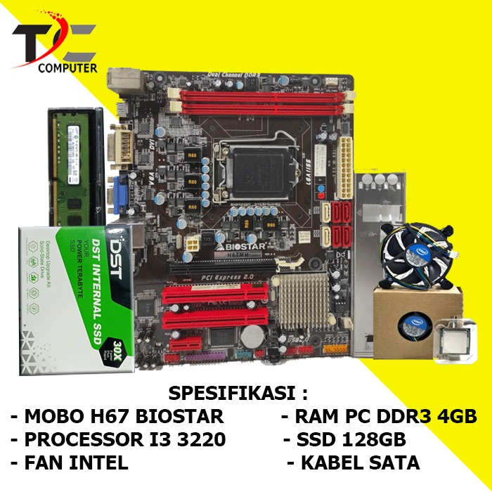 Paket Mobo H67 LGA 1155 DDR3 Plus RAM SSD Processor I3 3220 dan Fan intel