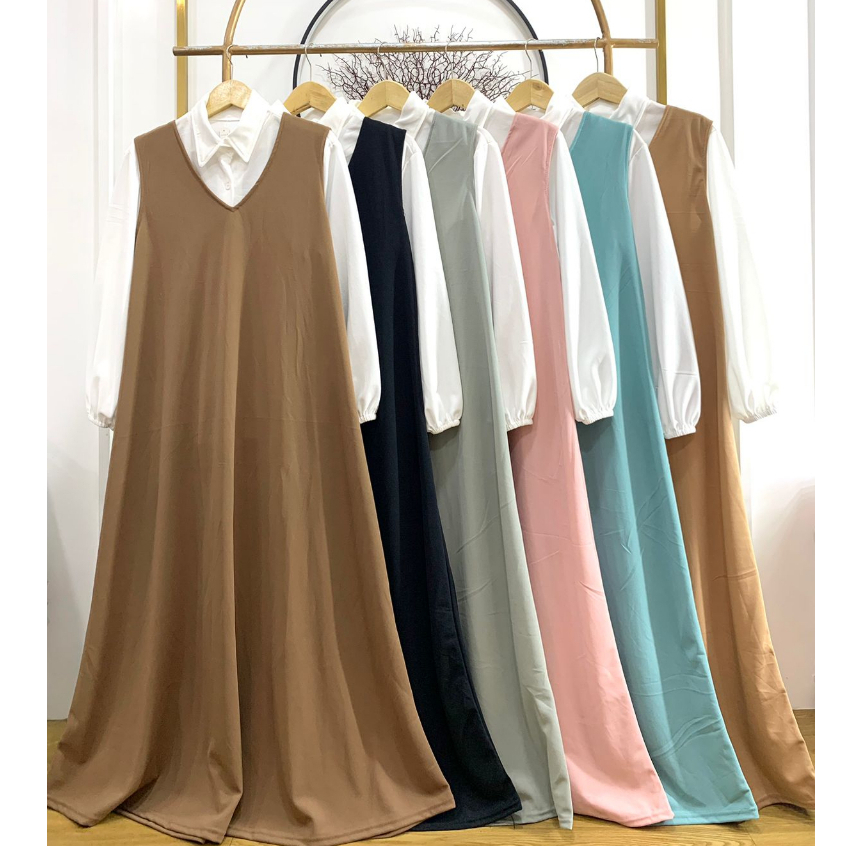 Gamis jumbo busui mayung model overal + inner kemeja bisa lepas pasang bahan voxy merk cocobee (860)