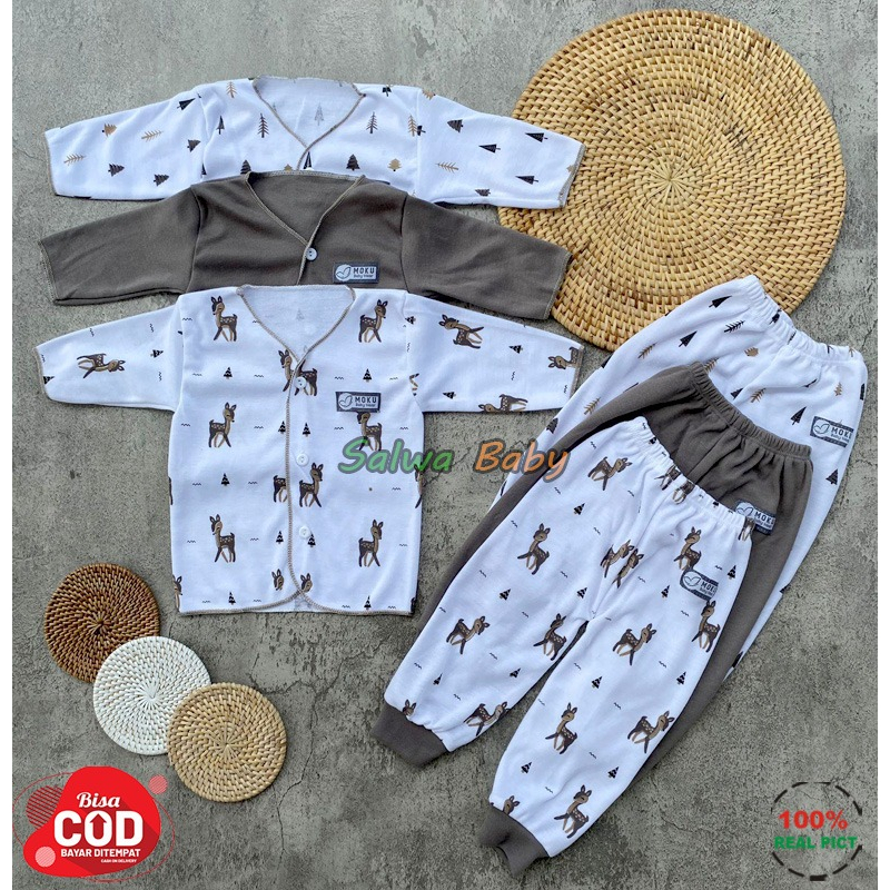 Isi 6 PCS Baju Celana Bayi / 3 Setel Baju Lengan Panjang Celana Panjang Usia 0-3 Bulan Seri Coklat Polisi Anababy