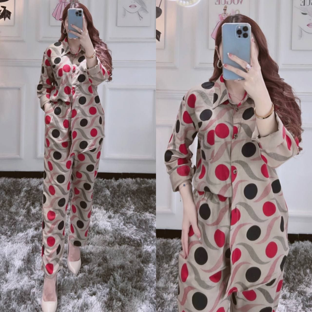 Setelan Wanita Casual Oneset Trendy Lengan Panjang Terbaru Kancing Depan Busui Friendly Namira Polka Piyama Daster Setelan