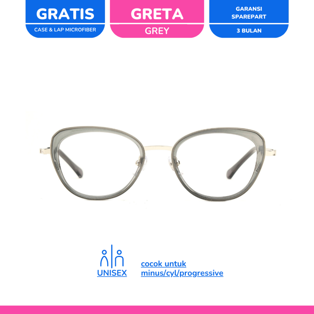 zonakacamata - The Cat Eye Greta Grey - Frame Kacamata - Pria/Wanita - Minus/Silinder/Plus