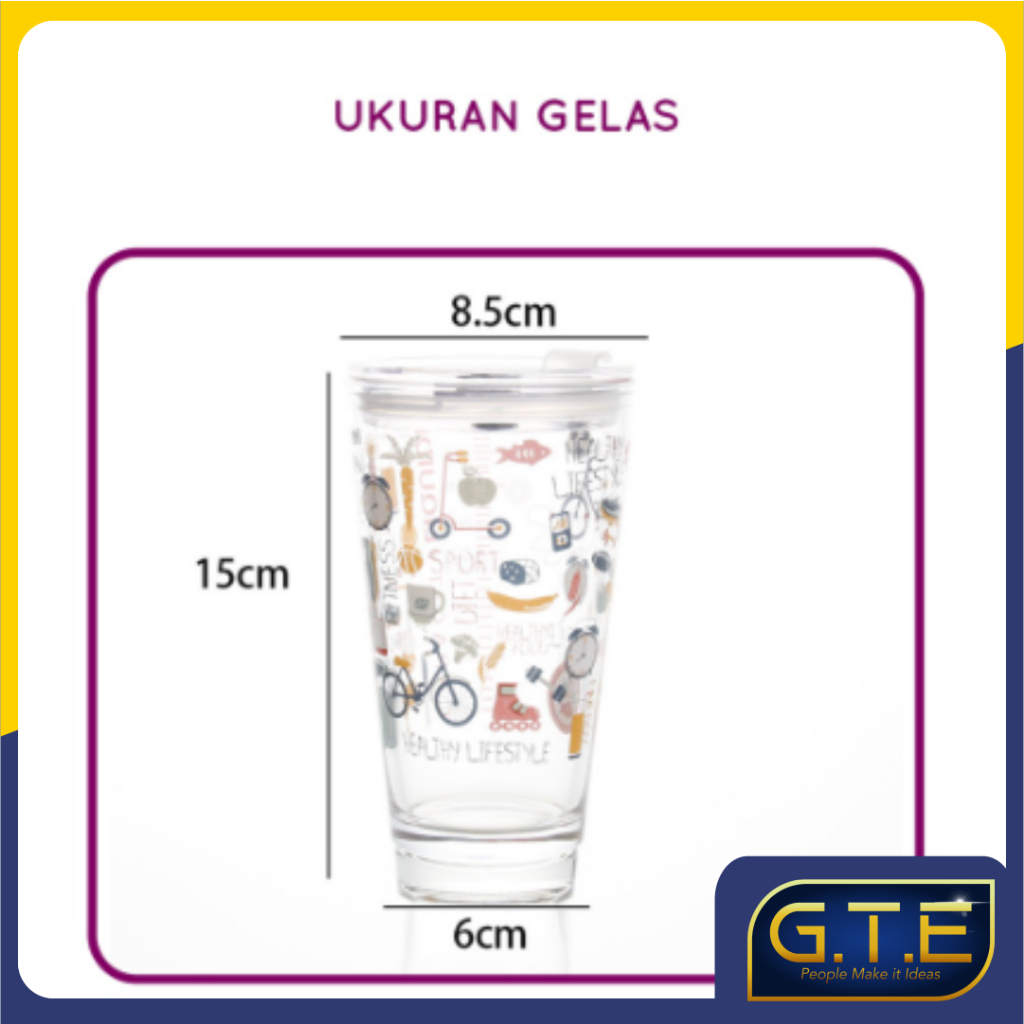 GTE | Gelas Tumblr Kaca Bening Gelas Mug Gelas Kaca dengan Tutup Anti Bocor 400ml Botol Minum Kaca Gratis Sedotan