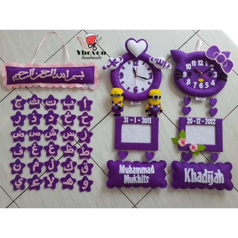 Jam dinding Flanel Handmade Custom Nama dan Tanggal - Hiasan kamar anak