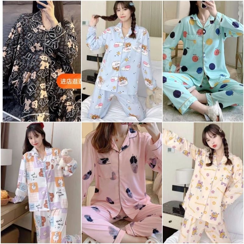 Baju tidur wanita import / piyama set panjang kancing full fashion