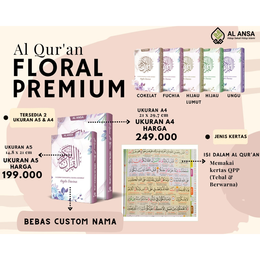 

Al Quran Al Ansa Custom New A4 atau A5 Floral Premium