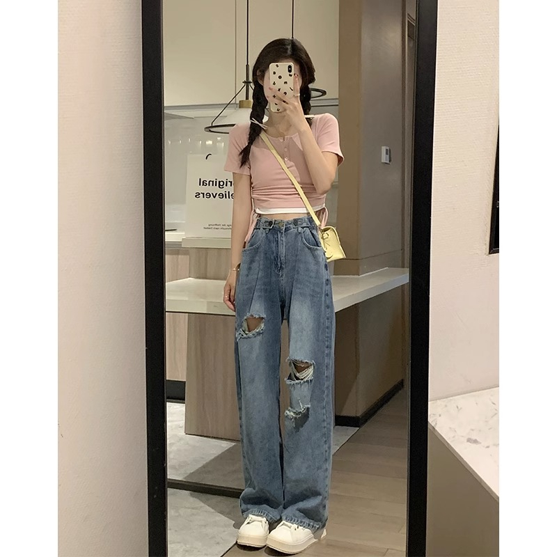 Biru Retro Highwaist Robek Celana Jeans Wanita Loose