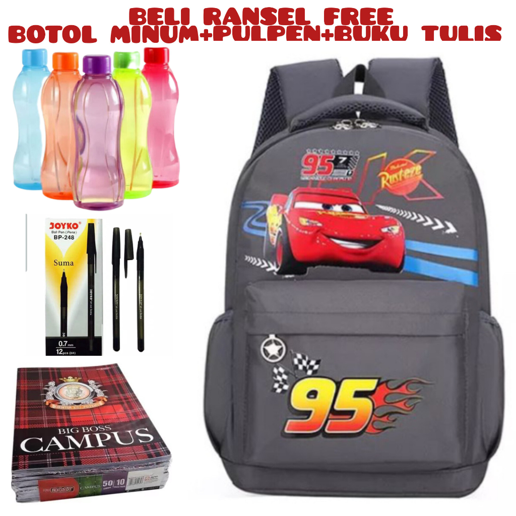 MJP_Beli 1 Dapat 4-Tas Anak Sekolah CARTOON CAR 95 Anak Laki-Laki/Perempuan Tas Sekolah Anak TK/SD Laki-Laki Murah Beli Ransel Free Botol Minum+Pulpen+Buku Tulis