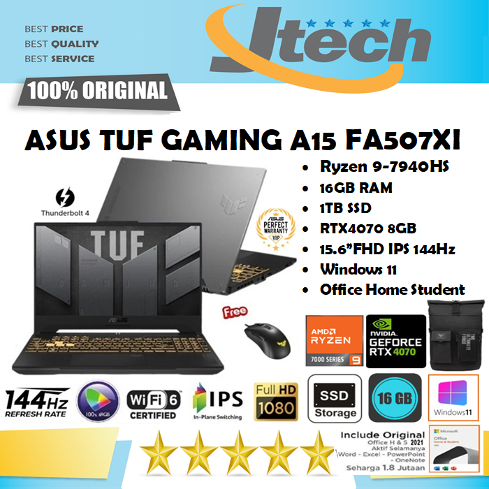 ASUS TUF Gaming A15 FA507XI - Ryzen 9-7940HS - 16GB - 1TB SSD - RTX4070 8GB - 15.6&quot;FHD IPS 144Hz 100%sRGB - Win11 - OHS