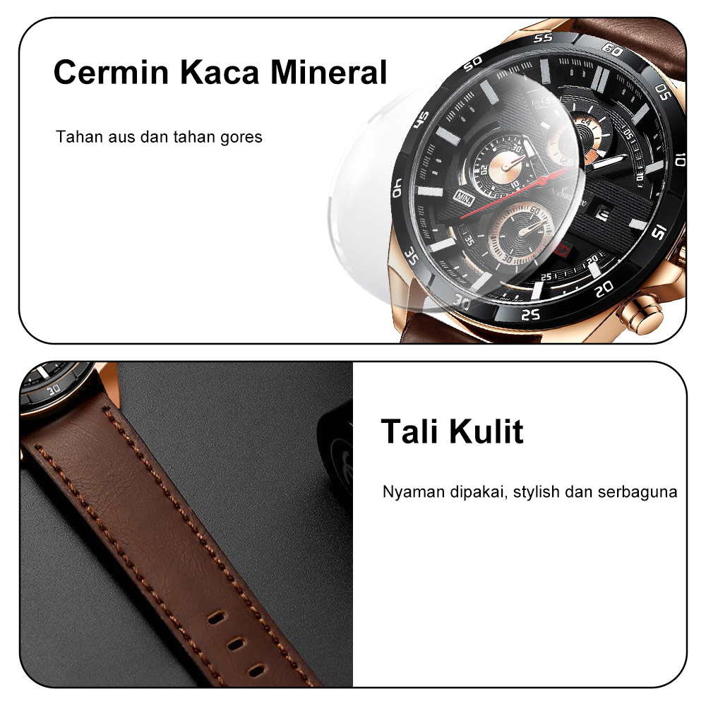 Sunlifex Jam Tangan Pria 9091 Kuarsa Tali Kulit Olahraga Mode Kalender Jam Tangan Cowok-4