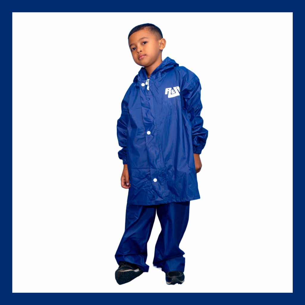 R&amp;A - Jas Hujan Setelan Anak SD / Mantel Anak Laki laki Perempuan / Raincoat Bahan PVC NYLON Biru Premium