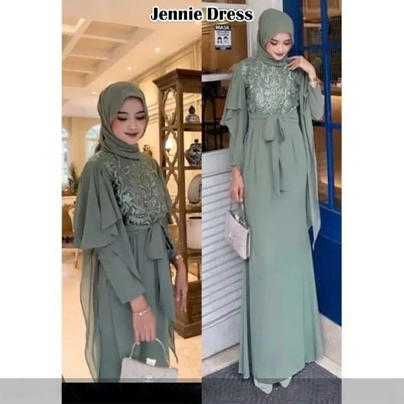 Jennie Set Dress Kondangan FREE PASHMINA Gamis Brukat Gaun Pesta Muslimah Long Dress Gamis Jumbo Baju Wanita Kekinian