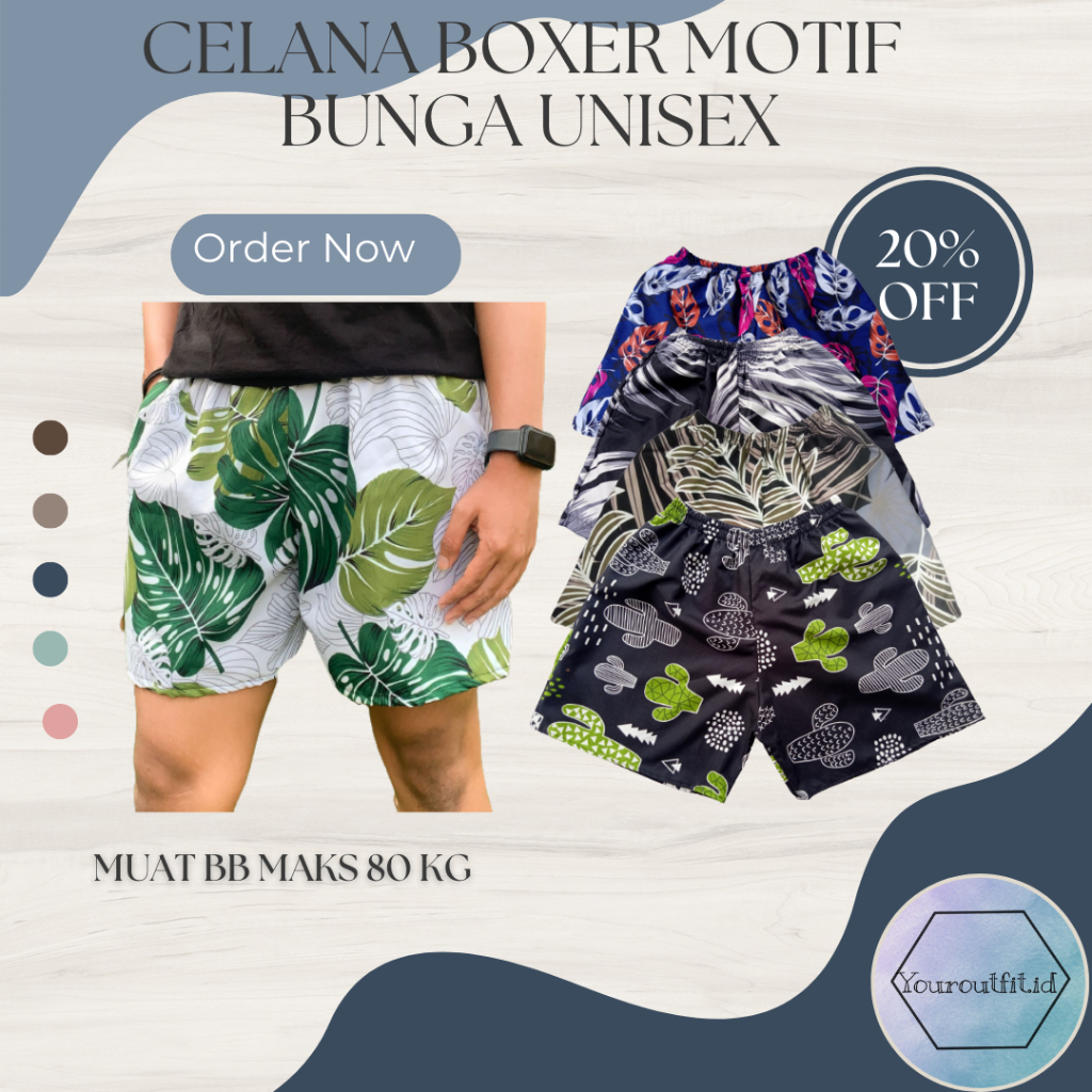 Celana Boxer Motif Bunga Unisex| Celana Pendek Rumahan Pria dan Wanita | Celana Kolor Bunga