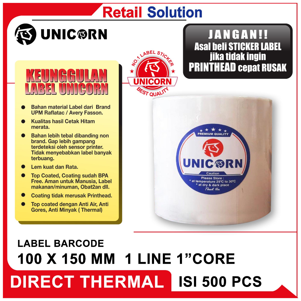 Unicorn Label Stiker Resi Thermal A6 100x150 mm / 100 x 150 mm / 100x150mm isi 500pcs