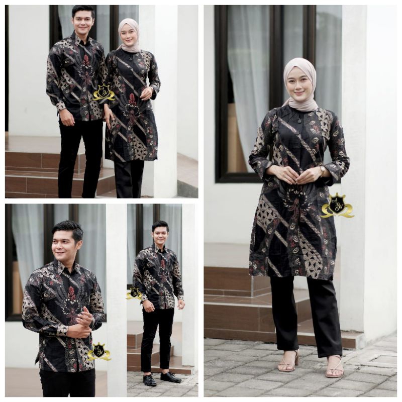 Batik Tunik Couple Modern Set Pakaian Couple Kemeja Batik Pria Lengan Panjang Baju Batik