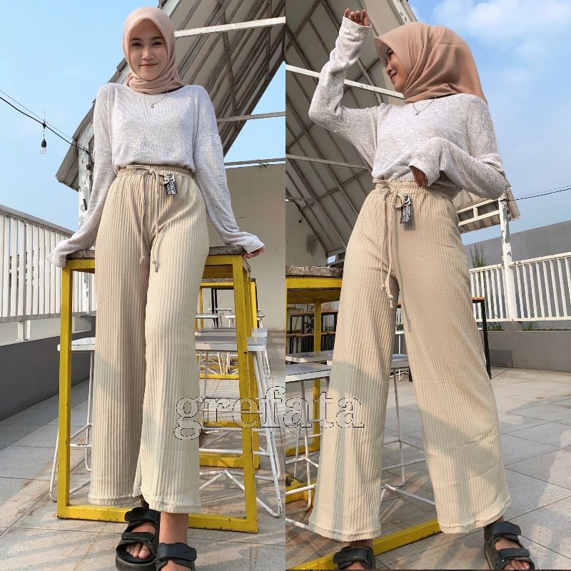 Celana Panjang Wanita Kulot Knit Maxiline Hw Hight Waist Pinggang Tali Serut / Loose Cullote Knits Import Tebal Dan Melar All Size L/XL Bb 40kg Sampai Bb 60kg / Daily Kulot Long Cullote Knitted / Jeni Cullote Grefata