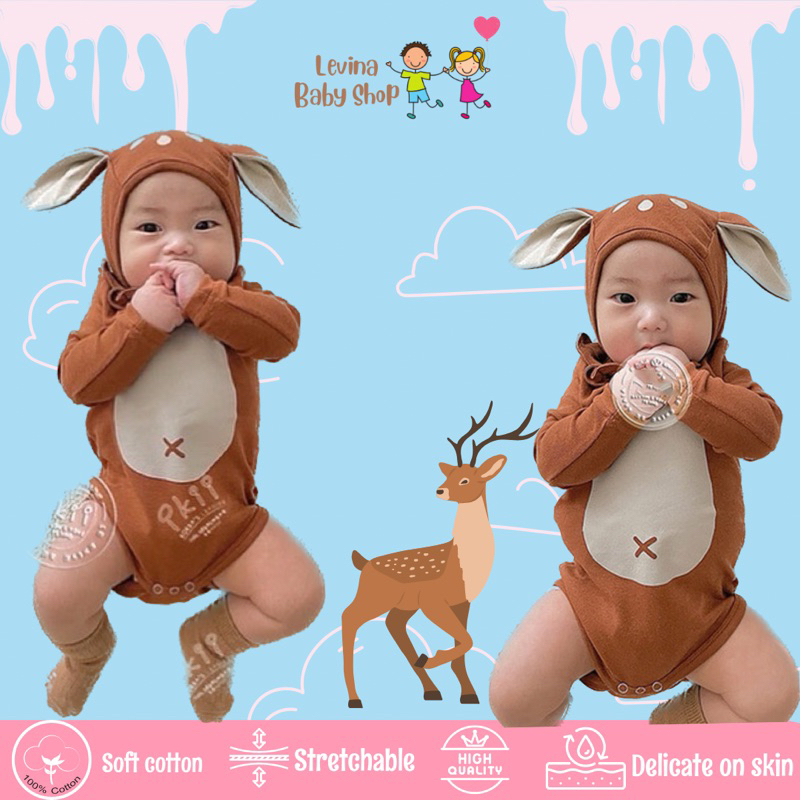 Jumper Bayi Costum Rusa Unisex import 0-2 Tahun - Baju bayi karakter hewan - Romper Bayi perempuan d