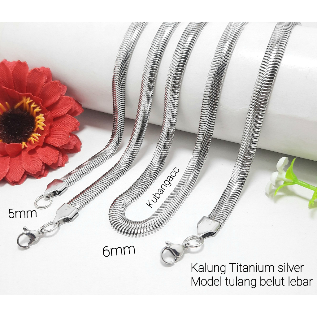 Kalung Titanium Belut Pipih Silver 5MM Kalung Titanium Pria Wanita Anti Karat Kalung Titanium Gepeng