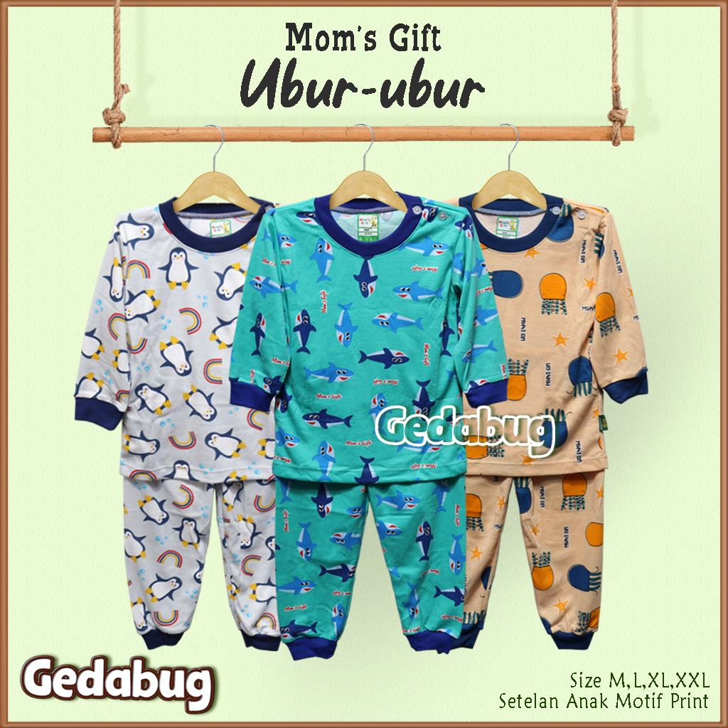 3 Setel - Setelan Anak Panjang Mom's Gift Ubur-ubur | Setelan Kaos anak Kancing Depan Moms Gift | Gedabug