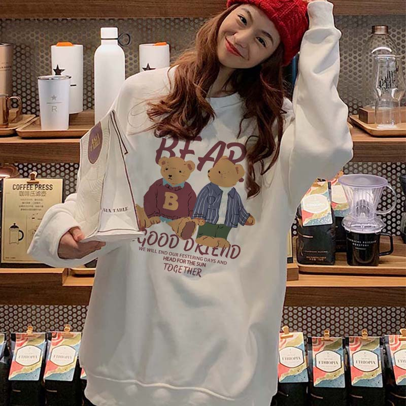 Kaos Stasan Wanita Oversize Couple Sweater American Vintage Cartoon Bear Graphic Priting Top Kekinian Casual Sweater