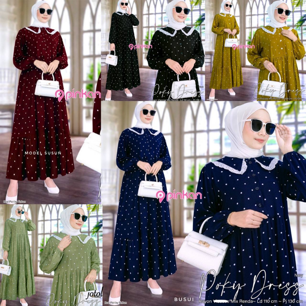 Gamis Terbaru Wanita Muslim Bahan Rayon Tebal Motif Polkadot Dress Panjang Kancing Depan Kerah Renda