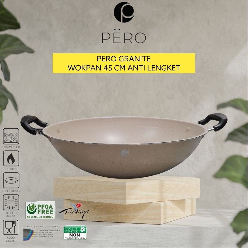 PERO Wokpan 45 cm 2 Kuping Handle Wajan Granit Anti Lengket Non Stick Wok Rendang Jumbo Kapasitas Be