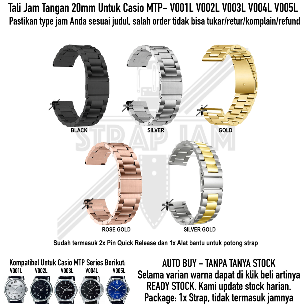 Stainless Steel Strap Casio MTP- V001L V002L V003L V004L V005L - Tali Jam Tangan 20mm Metal