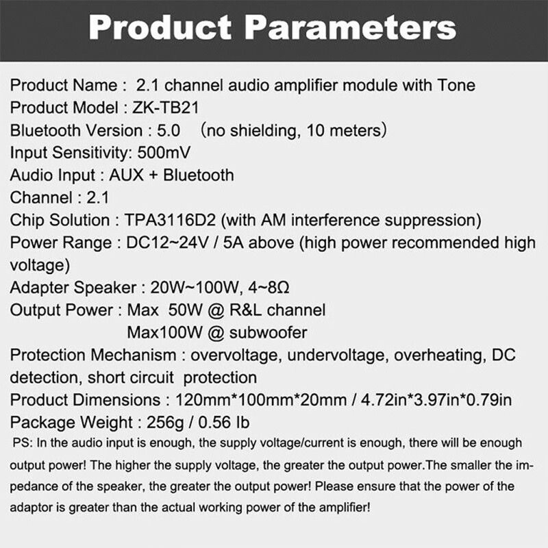 ic Ori import ZK-TB21 TPA3116D2 Bluetooth 5.0 Subwoofer Amplifier Board 50WX2+100W 2.1 Channel Power Audio Stereo