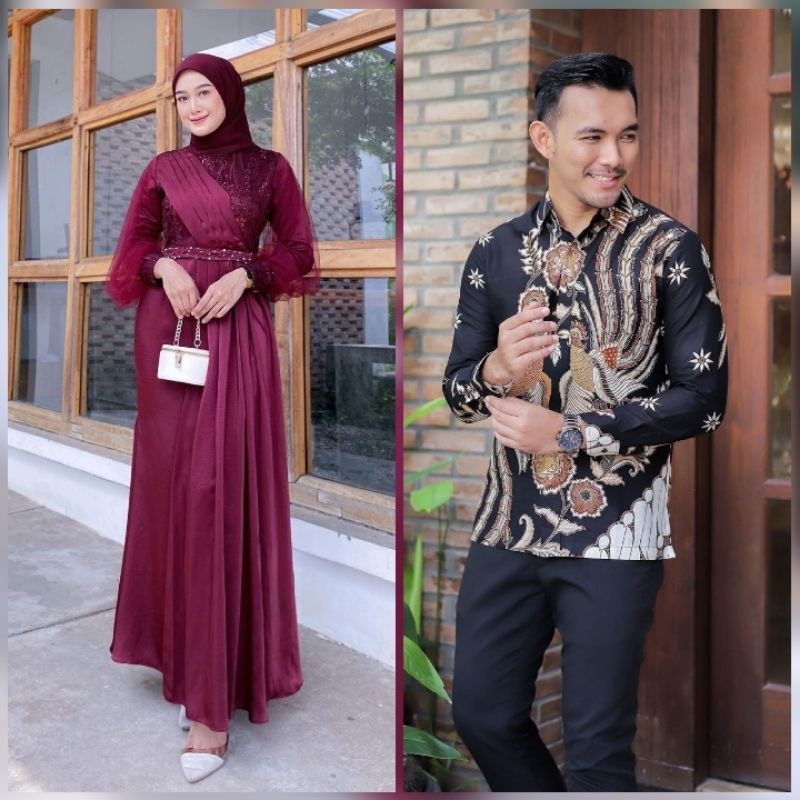 BATIK OFFICIAL - Couple Gamis Nadira Brukat Tulle Mutiara Couple Dress Kondangan Lamaran Baju Couple Lebaran Adeeva AmIra Maxi Dress Modern