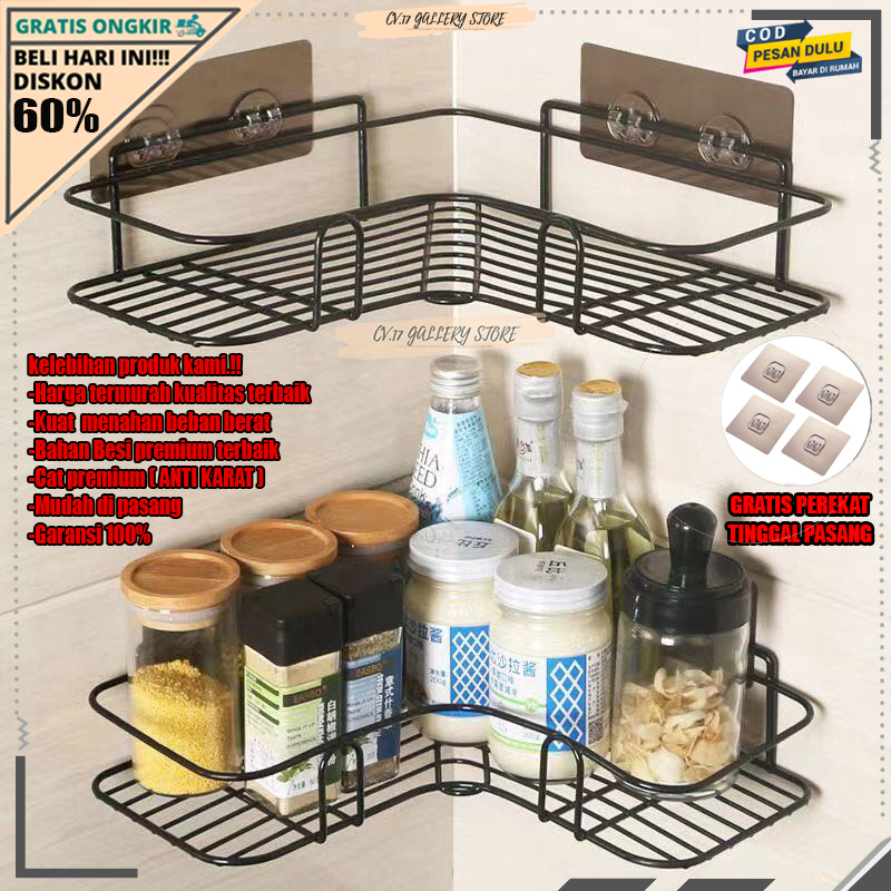 Rak Tak Sudut Pojok Tempat Bumbu Peralatan Perlengkapan Dekorasi Dapur Tempel Dinding Sabun Cuci Baju Sikat Gigi Kamar Mandi Anti karat Keranjang Besi Gantung skincare Dan Makeup Dingding Keramik Tanpa Paku Bor Stainless Rumah Aesthetic Murah Serbaguna