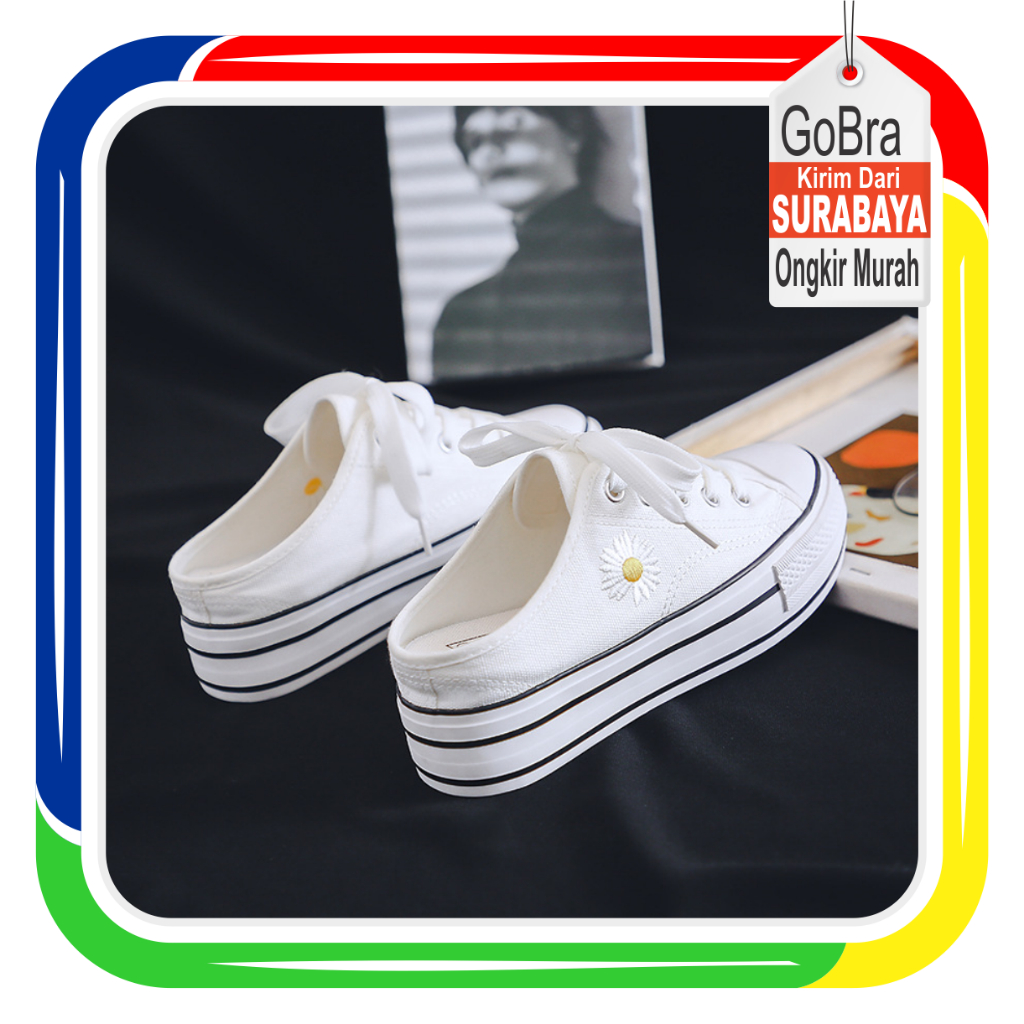 Gobra ♕ SEP031 (Tanpa Kotak) Sepatu Sneakers Wanita Setengah Motif Bunga Daisy Sporty Bahan Kanvas Model Korea Fashion Casual Sport Olahraga Import COD