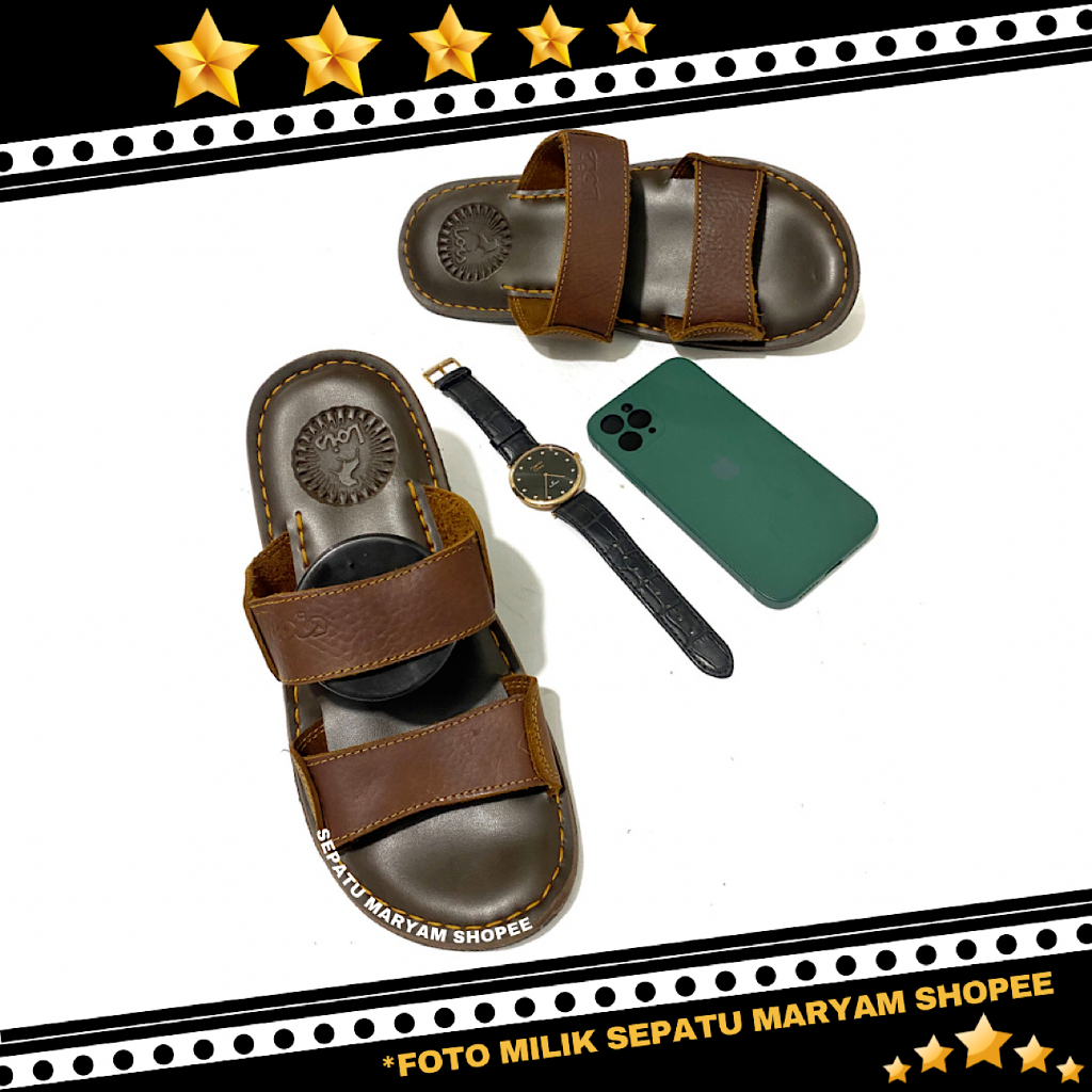 Sandal Kulit Asli Pria Tali 2 Model Slide Sendal Casual Cowok Murah Sandal Santai Pria Dewasa COD