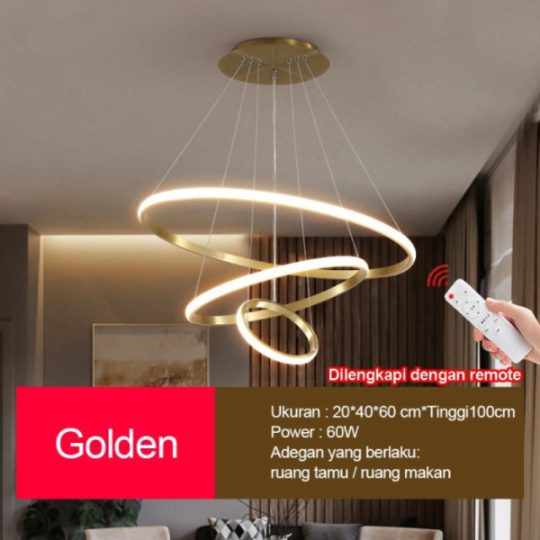 COD Lampu Gantung Minimalis Modern RUANG TAMU Lampu Gantung LED 3 Ring - golden Remote