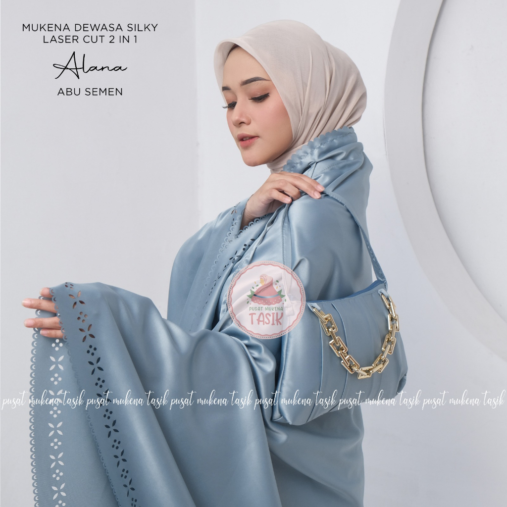 PUSAT MUKENA TASIK - MUKENA POLOS DEWASA SILKY LASER CUT 2 IN 1 ALANA